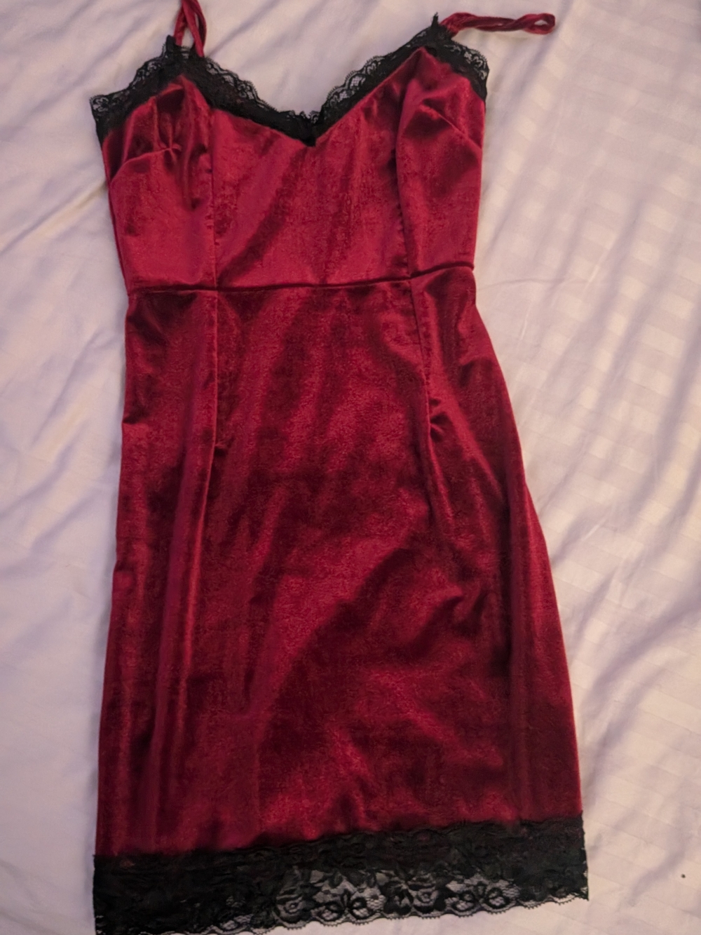 Red Velvet Slip Dress with Black Lace Trim